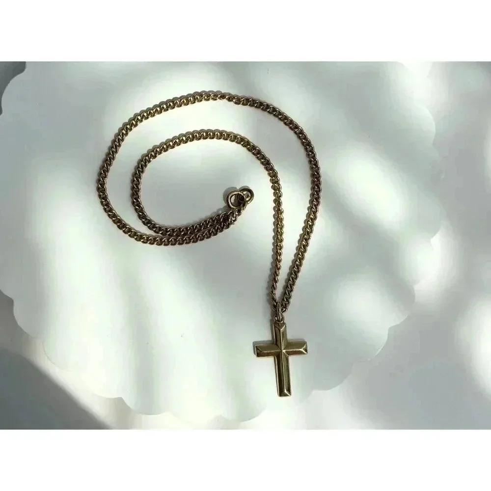 Vintage Gold Toned Chainlink Cross Choker Style Pendant Necklace - 13" - Picture 6 of 7